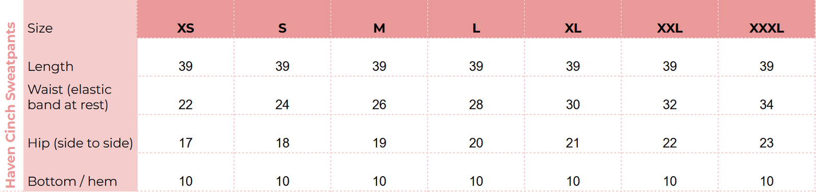 Size chart for Haven Cinch Sweatpants