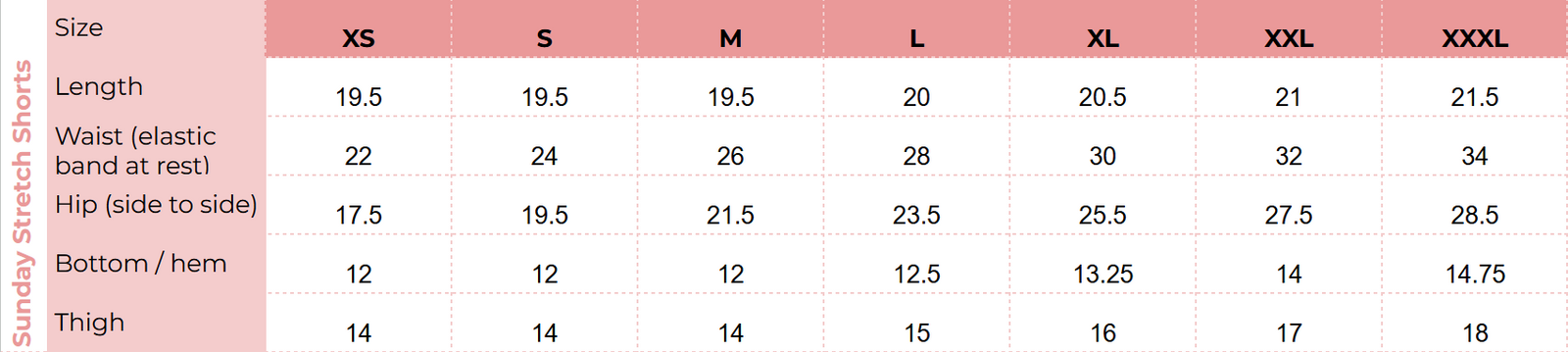 Size chart for Sunday Stretch Shorts