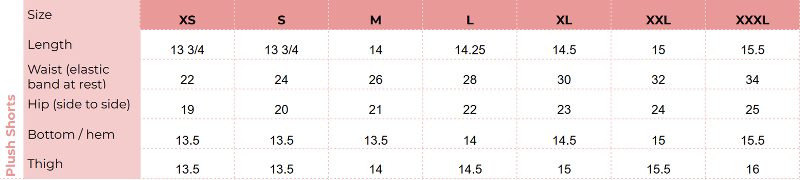 Size chart for Mosaic Plush Shorts - Deep Teal