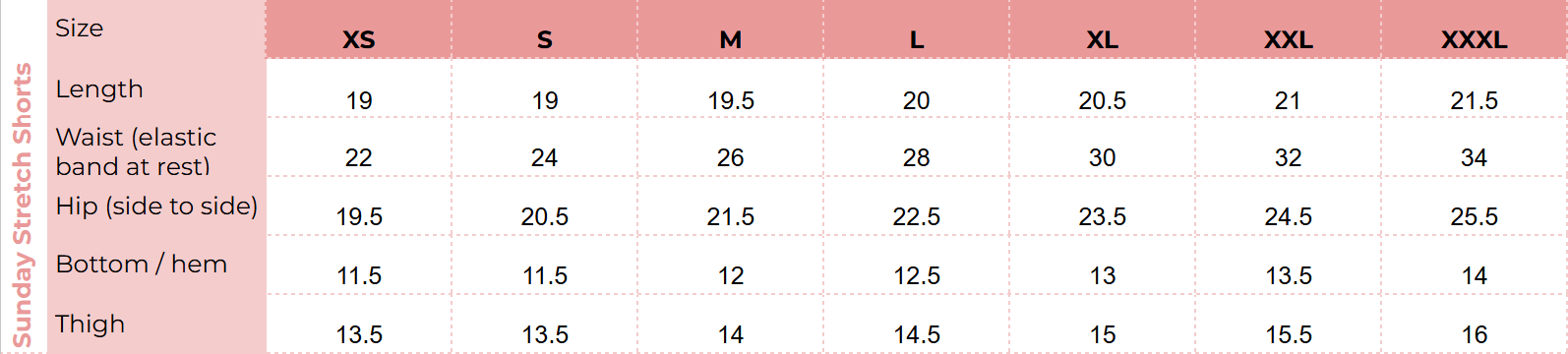 Size chart for Sunday Stretch Shorts
