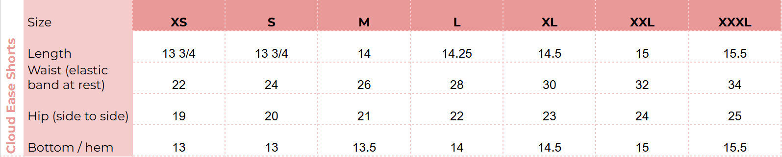 Size chart for Cloud Ease Shorts