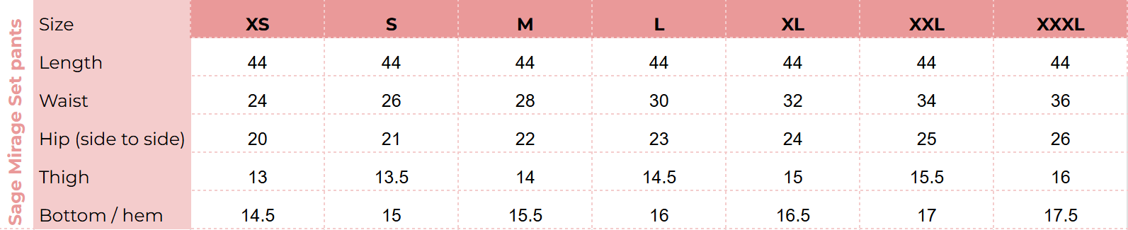 Bottom size chart for Sage Mirage Set