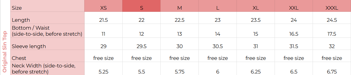 Size chart for Original Sin Top