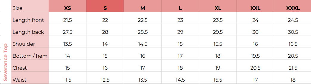 Size chart for Severance Top