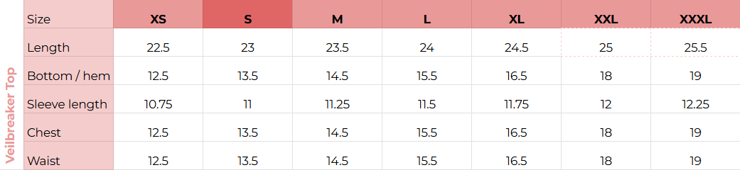 Size chart for Veilbreaker Top