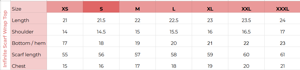 Size chart for Infinite Scarf Wrap Top