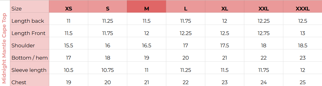 Size chart for Midnight Mantle Cape Top