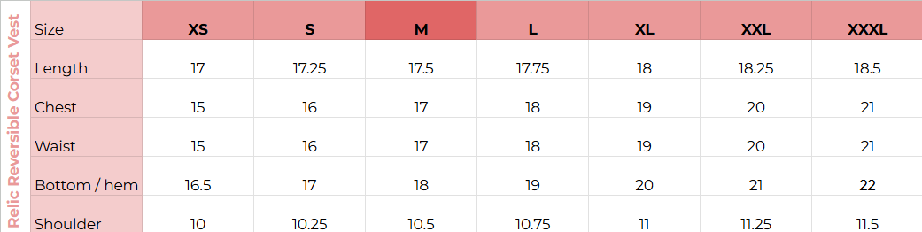 Size chart for Relic Reversible Corset Vest