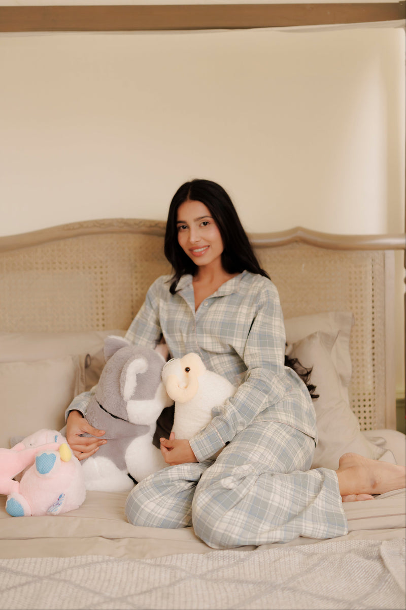 Eve India women Clothing Soft Blue Plaid Flannel Night Suit