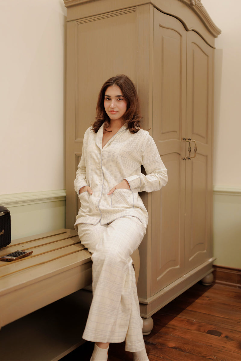Eve India women Clothing Ivory Check Flannel Night Suit