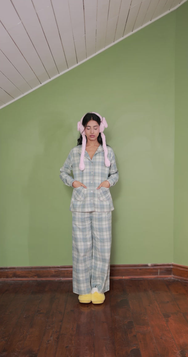 Eve India women Clothing Soft Blue Plaid Flannel Night Suit